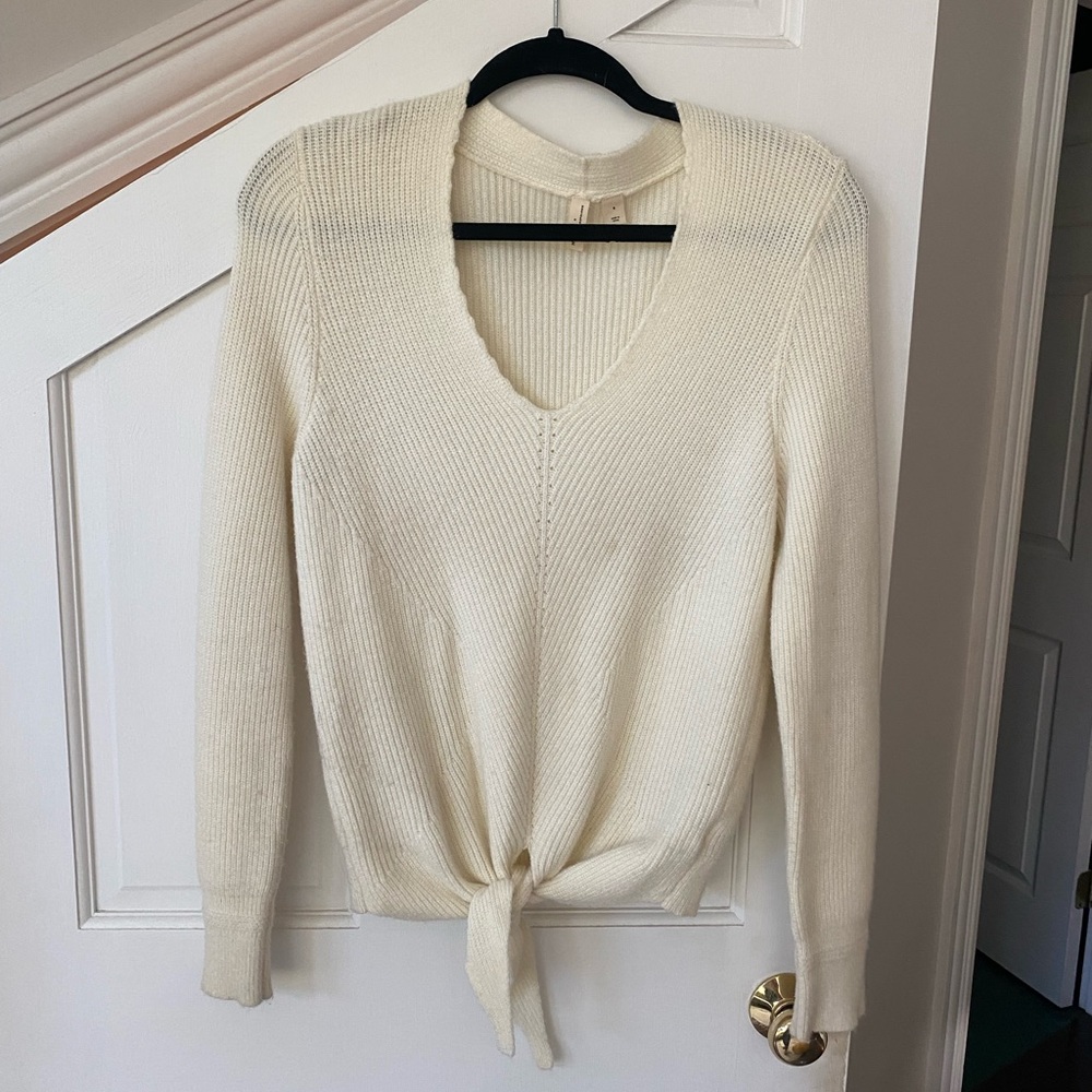 Cream v neck tie front sweater